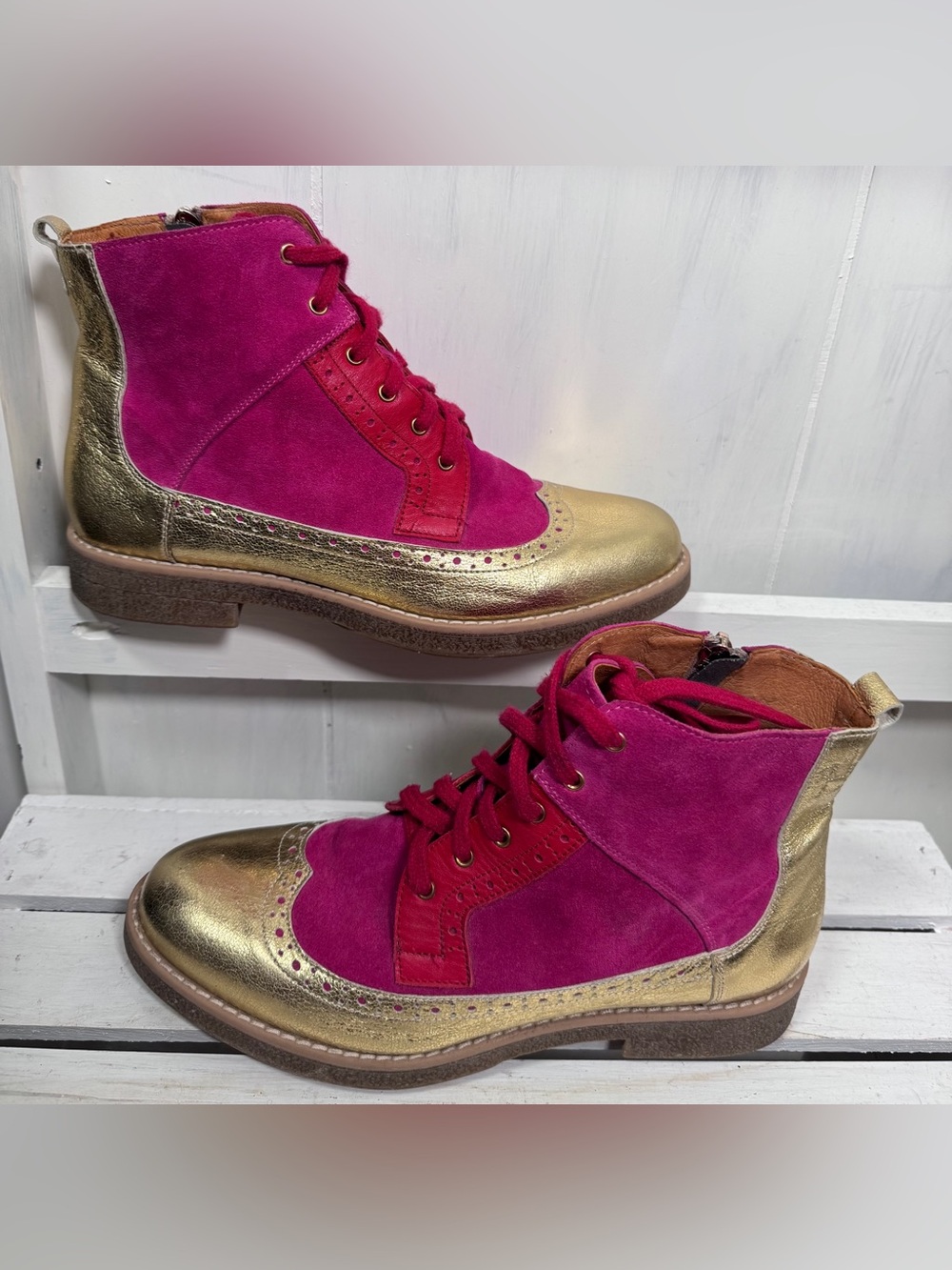 Embassy London Women HATTER Zip Tie Leather Suede Boots Pink Red Gold Size 39/9